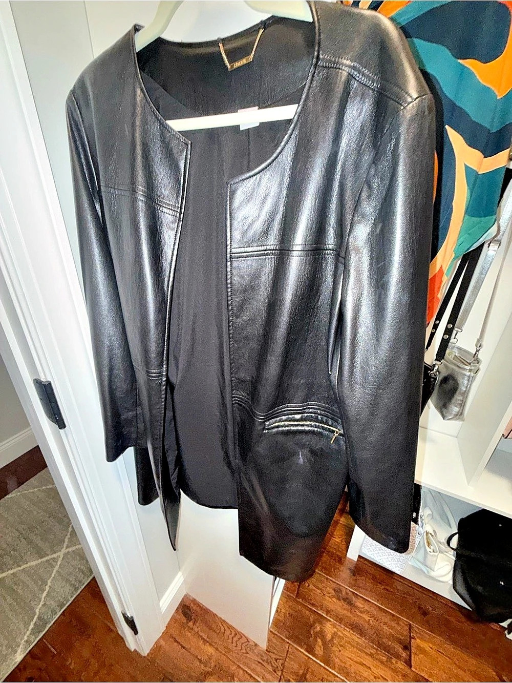 Chico's Black Leather-Look Open Front Jacket Size 3 Like New